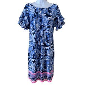 Lilly Pulitzer Shift Dress Short Ruffle Sleeves Blue Pink Tropical Print Size S